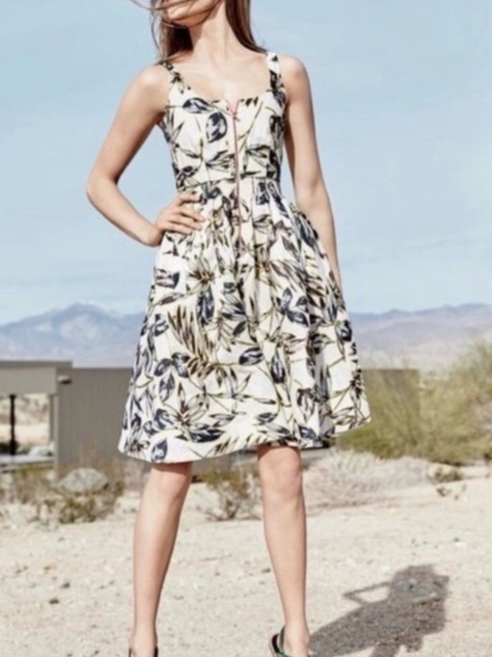 J. Crew 100% Linen Dress Ivory Midi Navy Gold Leaf Print Rose Gold Front Zip 4